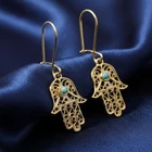14k Yellow Gold Hamsa Hand Drop Earrings Blue Round Turquoise Filigree Style