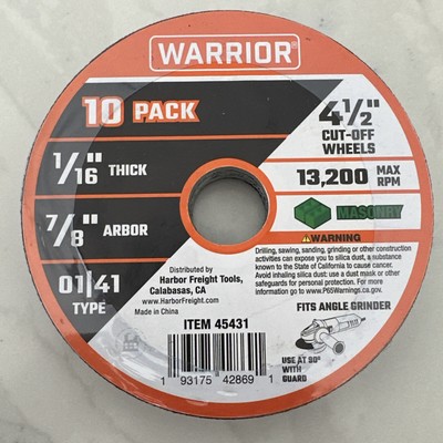 Warrior Masonry Cut Off Wheels 4-1/2  For 7/8  Arbor Metal Aluminum Oxide 10 Pc
