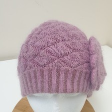 Angora Beanie Womens One Size Purple Wool Blend Flower Detail Chunky Knit Hat