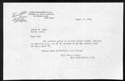 1920 Enos Richardson & Co. Gold Jewelry NYC Letterhead to Leys Butte, MT* (#2)