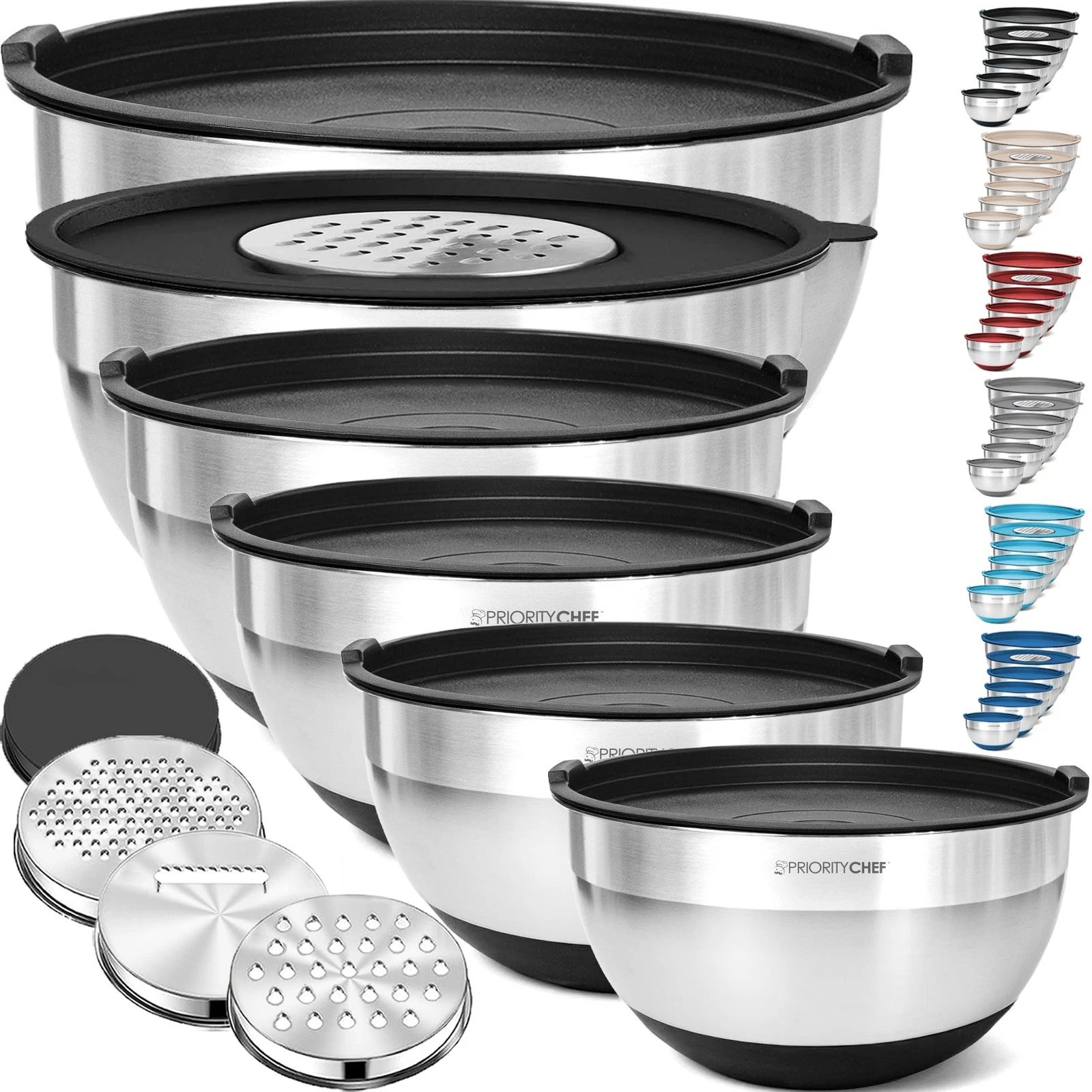Priority Chef 6Pc Large Mixing Bowls With Lids Set 1/1.5/2.1/3/4/6 Qt, Black