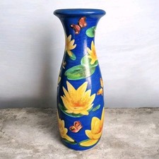 MCM W German Scheurich Vase 293-30 Unique Painted Decoupaged Waterlily Butterfly