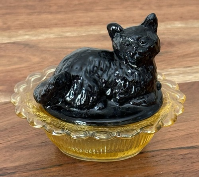 #ad Mosser Glass Cat On Basket Salt Cellar Dip MARRIAGE BLACK AMBER 3quot;wide $44.99