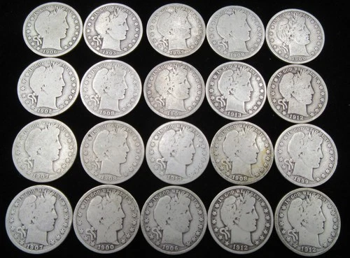 20 US BARBER HALF DOLLARS COLLECTION ROLL $10 FACE 90% SILVER COINS NO RESERVE