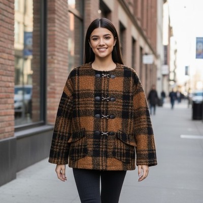  NEW w/tags NATIVE YOUTH Ramos Boucle Check Wrap Coat Size Large.