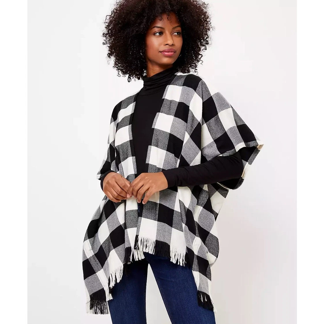 NWT Loft Buffalo Plaid Poncho Sweater XS Small Black White Western Fringe Flowy
