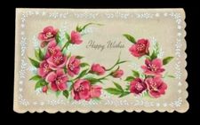Vintage 1950s Ephemera BEST WISHES Card Pink Flowers Scalloped Edges Unused