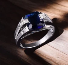 Blue Sapphire Emerald Cut Gemstone With 925 Sterling Silver Ring For Men's #A217