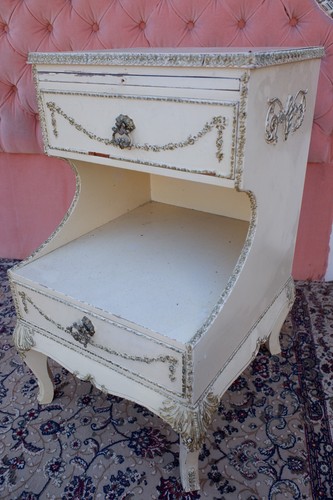 French Vintage 190cm Superking Bed Headboard & Cream Bedside Cabinets Units - Picture 4 of 7