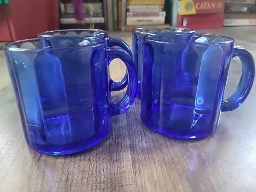 Lot of 4 VTG COBALT BLUE GLASS COFFEE MUG CUP. Bottom Stamped MADE IN USA