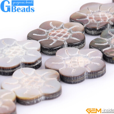 15'' Black Lip Shell Beads - Rainbow Luster Double-sided Carved Flower Natural