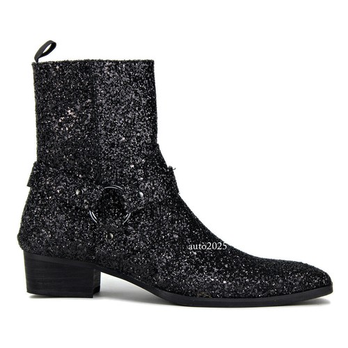 Mens Glitter Sequins Block Heel Zipper British Chelsea Boots Leather Ankle Boots - Picture 16 of 25