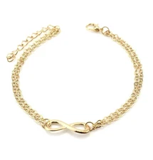 NEW WOMEN'S POLISHED GOLD-PLATED DOUBLE CHAIN GOLD-TONE INFINITY ANKLE BRACELET