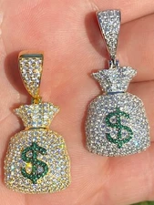 Solid 925 Silver Gold Plated Hip Hop Money Bag Emoji Pendant Iced Dollar Sign CZ