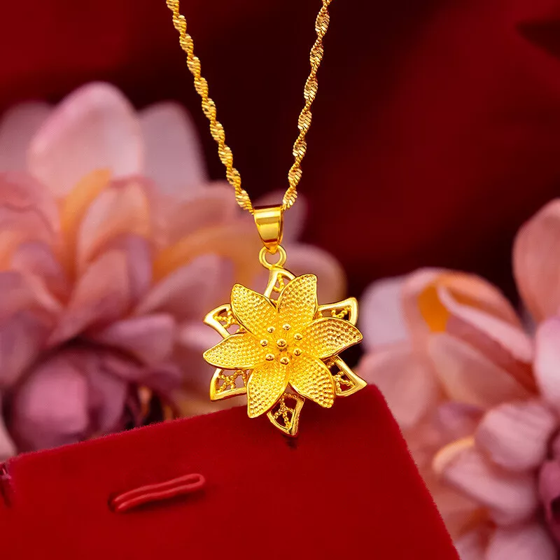Women Jewelry 24K Yellow Gold Plated Fancy Flower Pendant Chains