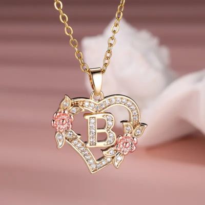 Fashion Letter B Love Heart Necklace Flower Rose Golden Necklace Jewelry  Women