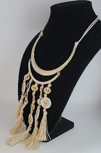 CHICO'S BOHEMIAN SILK FRINGED TASSELS SILK CORDED NECKLACE-MOP w Gold DISCS☆32" - Picture 4 of 11