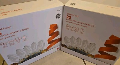 2X Pair Of GE C9 Cool Bright Classic 25 Lights Clear 16 ft Sets Green Wire NEW 