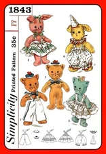 STUFFED Animal Pattern DOG CAT BUNNY w Clothes Toy Simplicity 1843 Vintage 1956