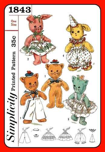 STUFFED Animal Pattern DOG CAT BUNNY w Clothes Toy Simplicity 1843 Vintage 1956