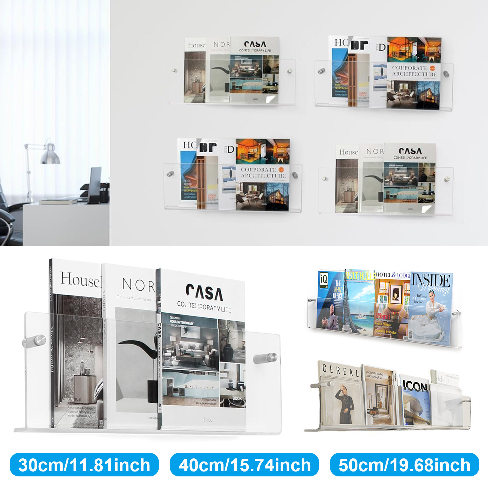 Acrylic Wall-Mounted Shelf Bookshelf Magazine Storage Display Rack Transparent