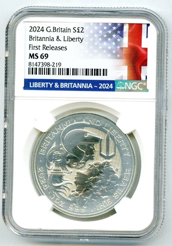 2024 GREAT BRITAIN 1OZ SILVER NGC MS69 BRITANNIA & LIBERTY FR - HEAVY WHITE HAZE