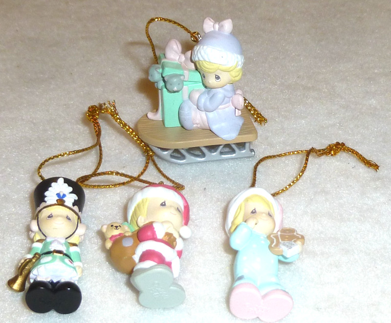 4 Mini Precious Moments Ornaments 1.5" tall girl sled toy soldier bugle Santa