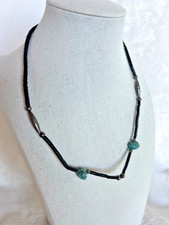 Southwestern Necklace Turquoise Nugget Black Heishi Beads Silver Tone Rustic