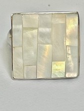 silver-tone mother of pearl mosaic ring Adjus...