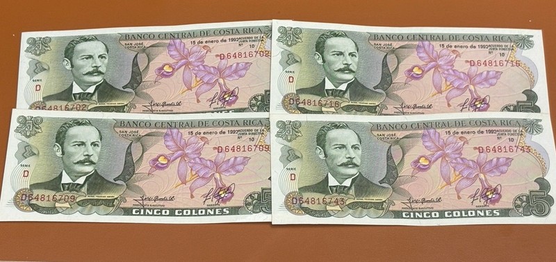 Costa Rica 5 Colones 1992 Banknote Lot of 4 Rafael Iglesias Castro Orchid UNC/AU