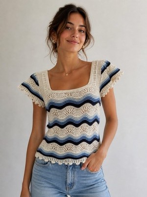 Jessica Simpson Crochet Top S Cream blue Wavy  Boho Hippie Festival Beach Scoop