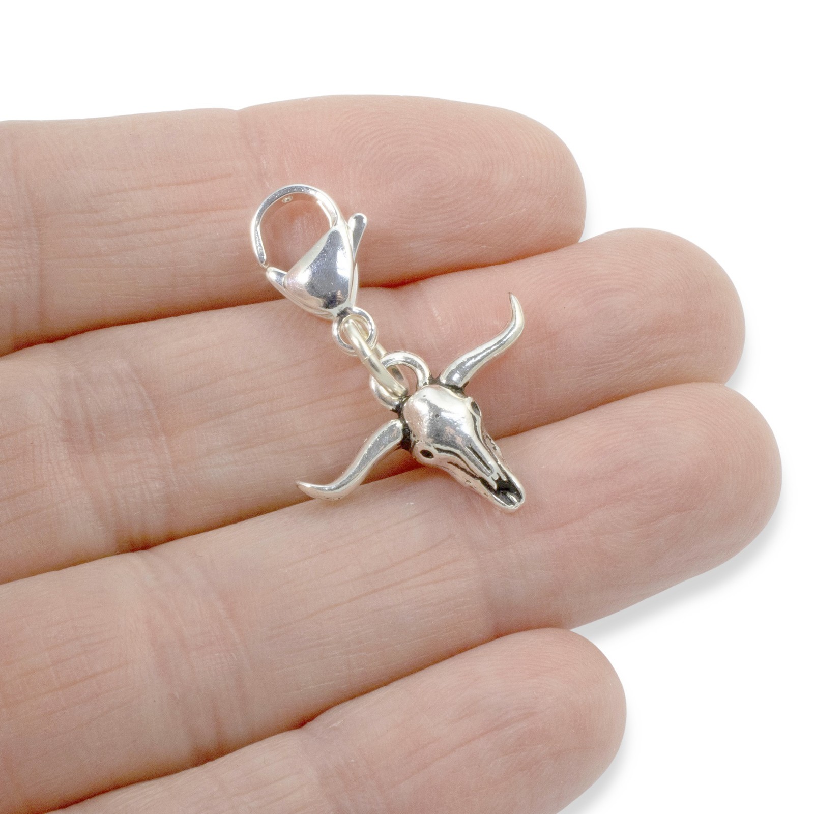 Western Longhorn Clip-On Charm, Silver Bull Steer Skull, Boho Country Jewelry