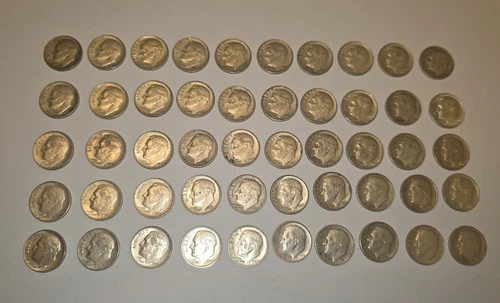 *1960-1964 90% SILVER ROOSEVELT DIMES ROLL 50 COIN LOT- MIXED DATES AND MM*