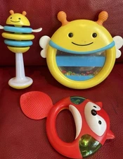 Set of 3 Skip Hop baby toys – bee rattle, bee drum shaker, fox teether rattle