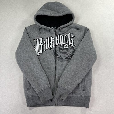Vintage Billabong Hoodie Mens L Gray Sherpa Lined Full Zip Fleece Chest Logo Y2K
