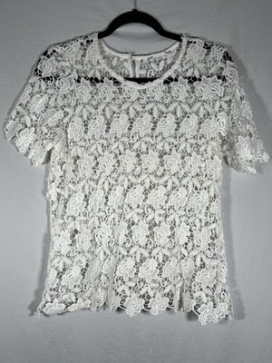Open lace White Short Sleeve Top Romantic Layering Piece Crochet Cropped ￼