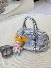 Auth Prada Boston Handbag Silver Metallic Gathered Leather Top Handle Crossbody