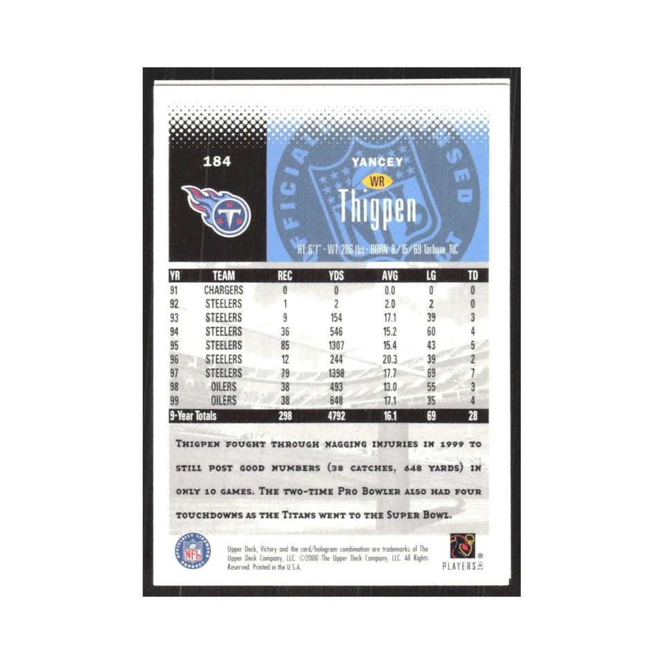 2000 Upper Deck Victory Yancey Thigpen Titans #184 - Image 2 of 3