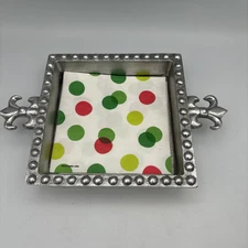 Silver Cocktail Napkin Holder Dispenser Beaded Edge Fleur-di-lis Mariposa Style