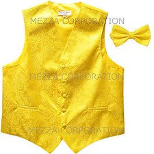 New Men's paisley formal Tuxedo Vest Waistcoat Bowtie Yellow wedding prom party