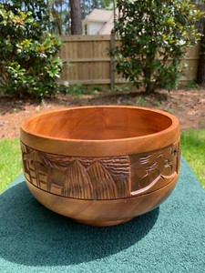 Vintage Hand Carved Wooden Large Pedestal Bowl 9.5" X 6" Philippines TIKI Party