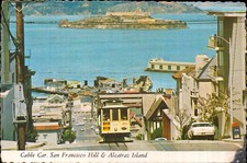 San Francisco Hill Cable Car Postcard. USA Vintage 70s Alcatraz Bay Old