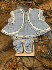 Vintage infant sweater vest booties blue white knit crochet satin ribbon baby pr