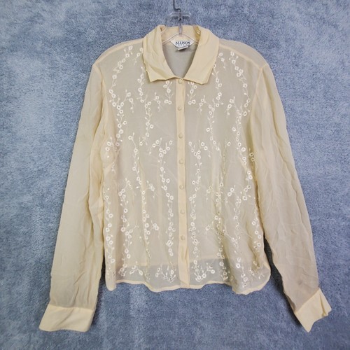 Vtg 90s Allison Taylor Womens Blouse Top Sz Medium Beige Silk Sheer Embroidered