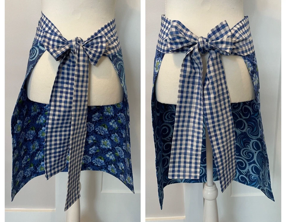 Reversible Half APRON Blue Hydrangea Swirls Check Cotton Ties In Back ADULT - Image 2 of 4