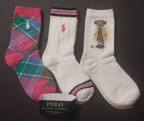 4-6x Girls Polo Ralph Lauren PINK Argyle POLO BEAR Crew Socks Size fits 10-13 - Picture 5 of 6