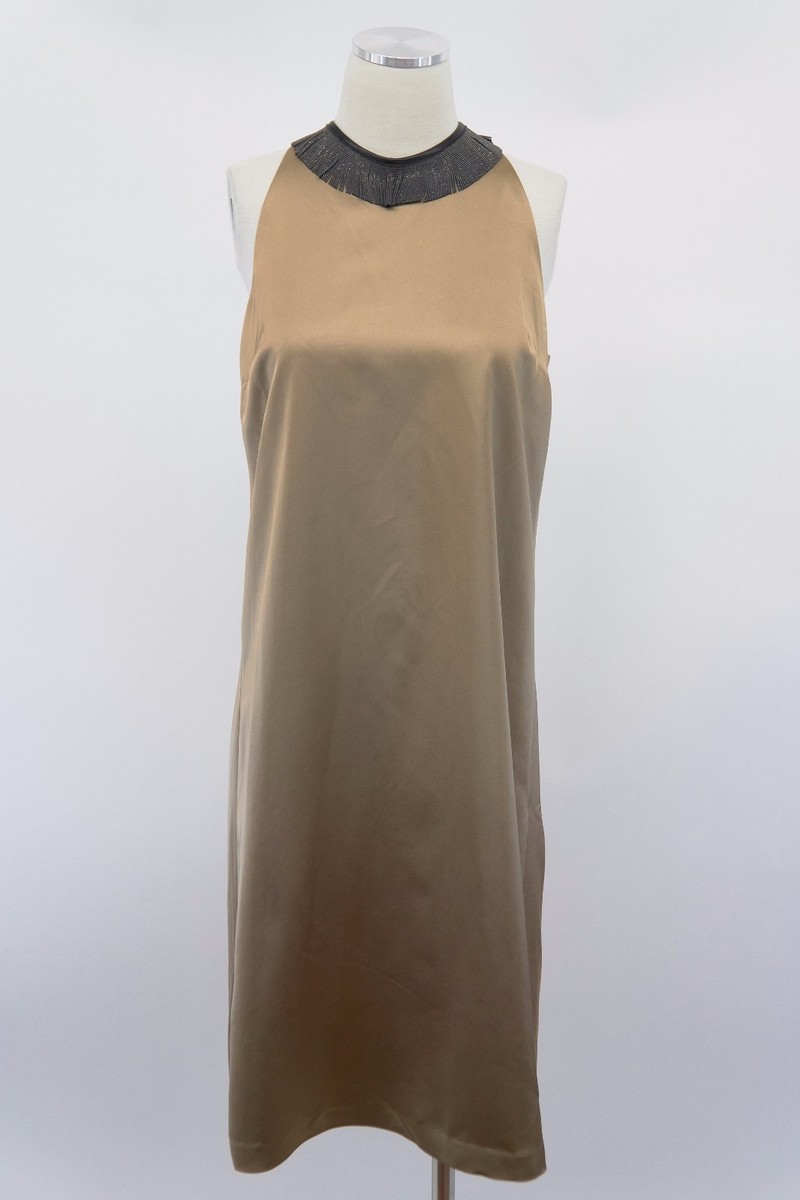 NWT$2595 Brunello Cucinelli Silk Satin ALine Dress W/Monili