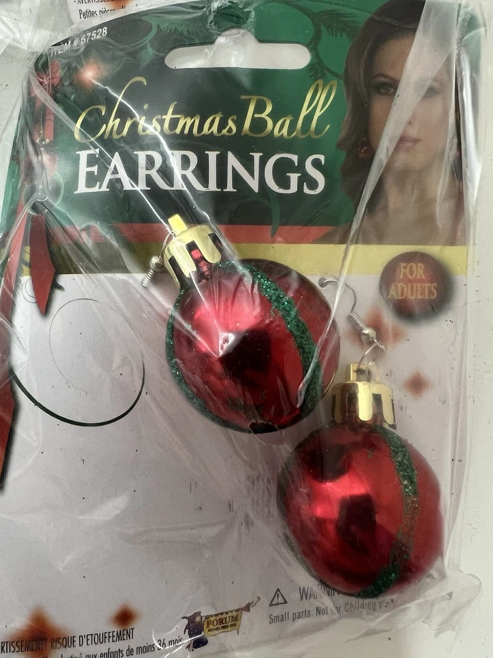 Christmas Ball Earrings Mini Tree Ornaments Costume Red Green Glitter Holiday - Image 2 of 2