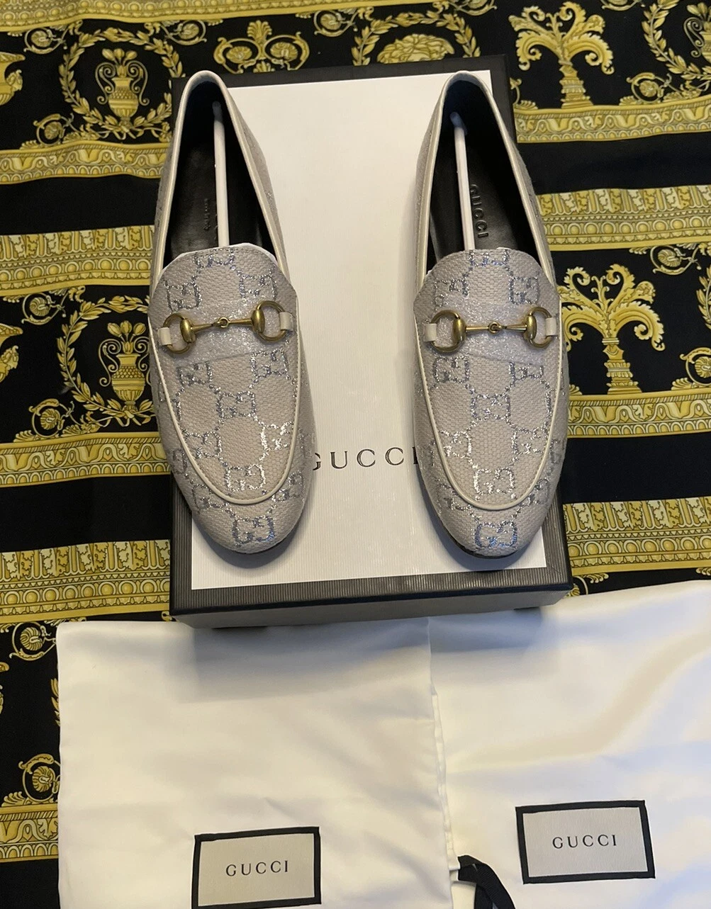 Mocassins en cuir toile monogramme suprême Gucci Jordaan Horsebit GG neufs authentiques T 35