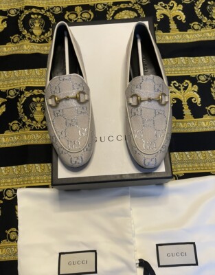 New Auth Gucci Jordaan Horsebit GG Supreme Monogram Canvas Leather Loafers  G 35